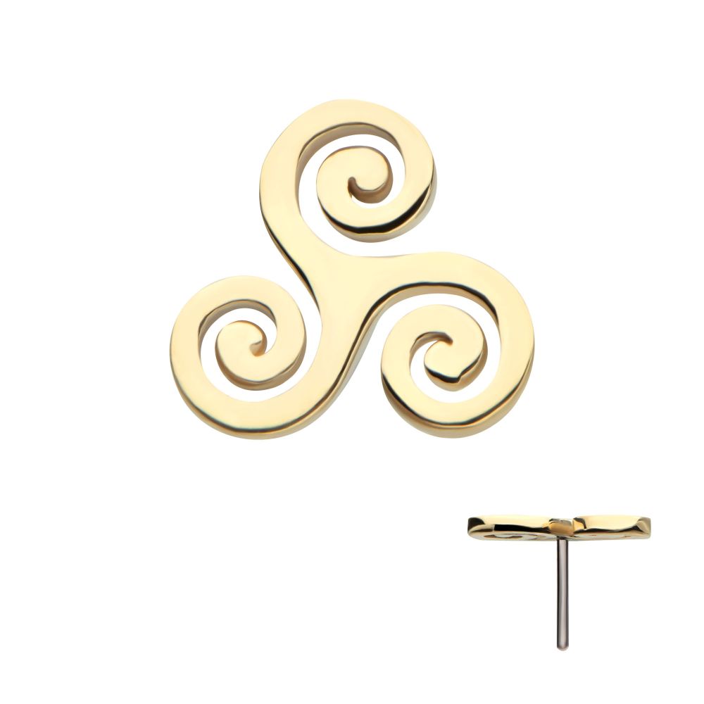 14K Celtic Symbol gold earring featuring a triskelion design with three interconnected swirling arms; shown from both front and side to display the earring post.