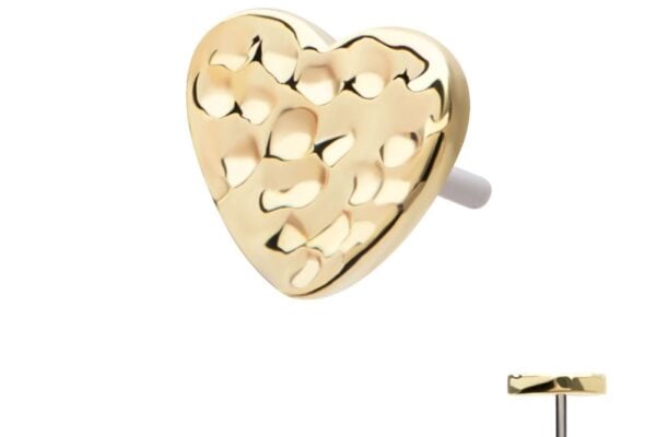 The 14K Heart - Hammered earring features a shiny gold, heart-shaped design with a textured, hammered surface and a straight post backing, shown on a white background with a side view inset.