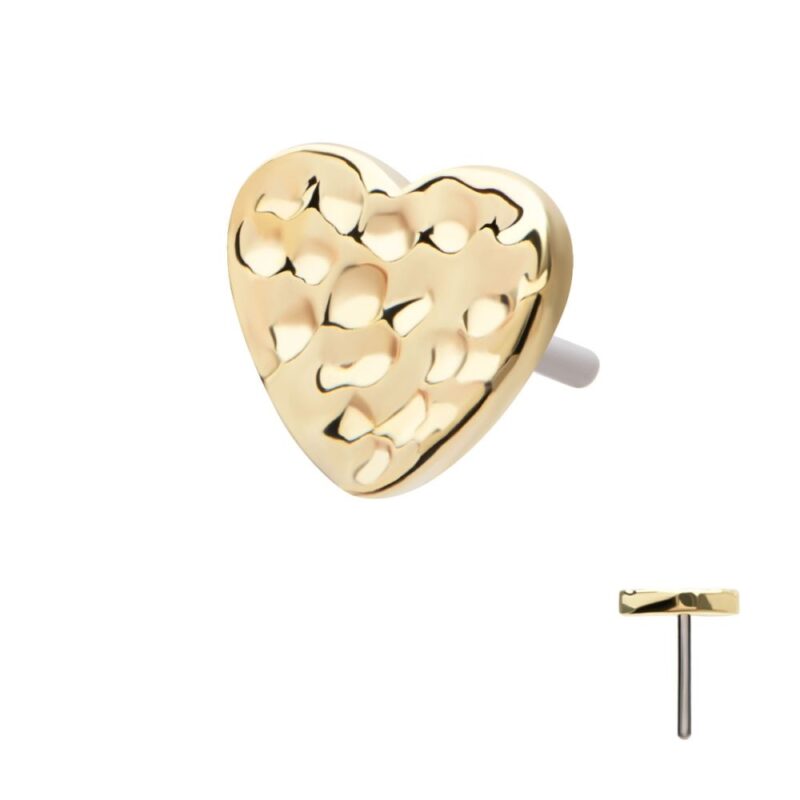 The 14K Heart - Hammered earring features a shiny gold, heart-shaped design with a textured, hammered surface and a straight post backing, shown on a white background with a side view inset.