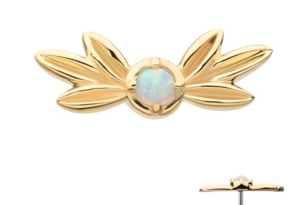 A 14K gold "Triple Leaf" stud earring featuring a round opal gemstone at the center, flanked by three symmetrical gold leaf shapes; side view reveals the post.
