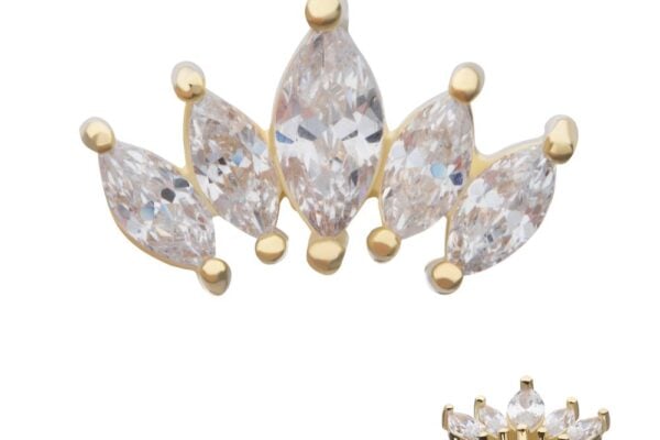 The 14K Tiara Marquise Fan is a gold stud earring with five marquise-cut clear gems arranged in a symmetrical fan, featuring the largest stone at the center.