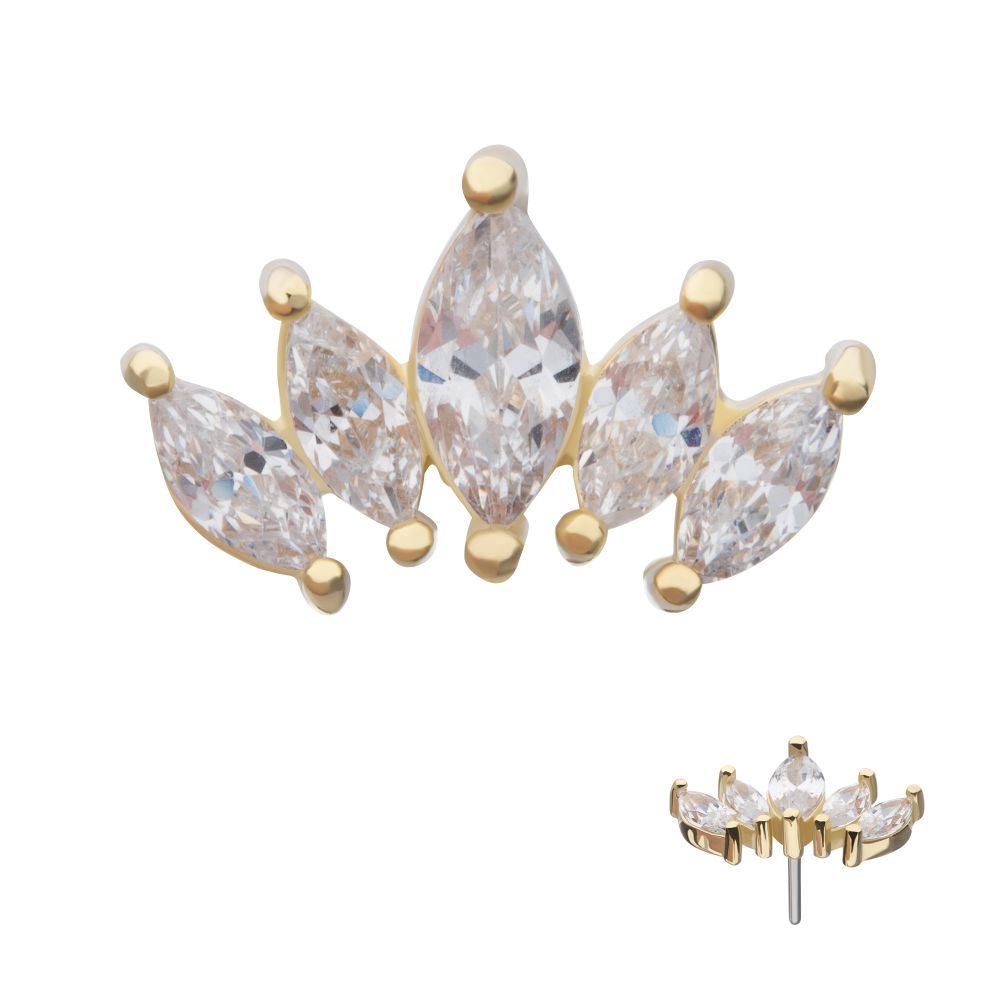 The 14K Tiara Marquise Fan is a gold stud earring with five marquise-cut clear gems arranged in a symmetrical fan, featuring the largest stone at the center.