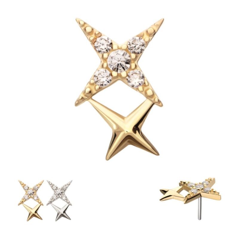 The 14K Double Celestial Star features gold star-shaped stud earrings with clear round crystals, highlighted front and center. Smaller images in the bottom right show the silver version and a side view.