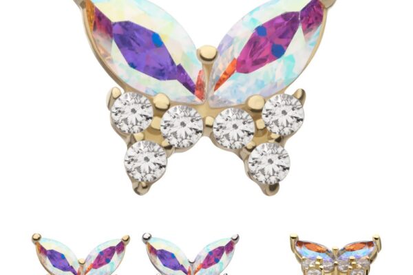 The 14K Marquise Butterfly is a gold stud earring featuring iridescent wings and six round clear gems forming the body, displayed from front, side, and angled views on a white background.