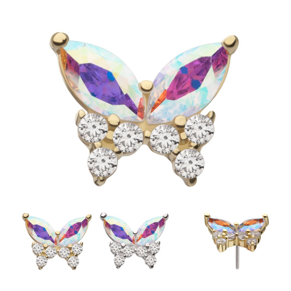 The 14K Marquise Butterfly is a gold stud earring featuring iridescent wings and six round clear gems forming the body, displayed from front, side, and angled views on a white background.