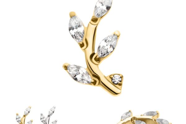 The 14K Curved Vine earring, crafted in gold and shaped like a branch with four marquise-cut clear gemstones, is also shown in silver and includes a side view of the gold version.