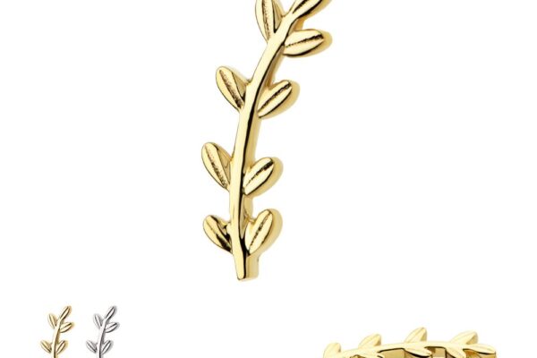 The 14K Olive Branch earrings are displayed: one gold stud upright, another from the side, and both gold and silver pairs shown together.