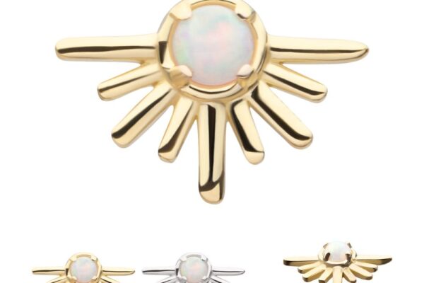 The 14K Starburst - Opal is a decorative jewelry piece featuring a central opal-like stone, offered in gold and silver finishes, and displayed in three color variations.