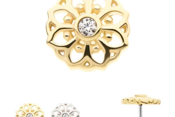 The 14K Mandala Flower stud earrings come in gold and silver, featuring a lotus-inspired design with a clear gemstone center. Shown from the top to highlight the floral motif, both metal options are displayed side by side with visible posts.