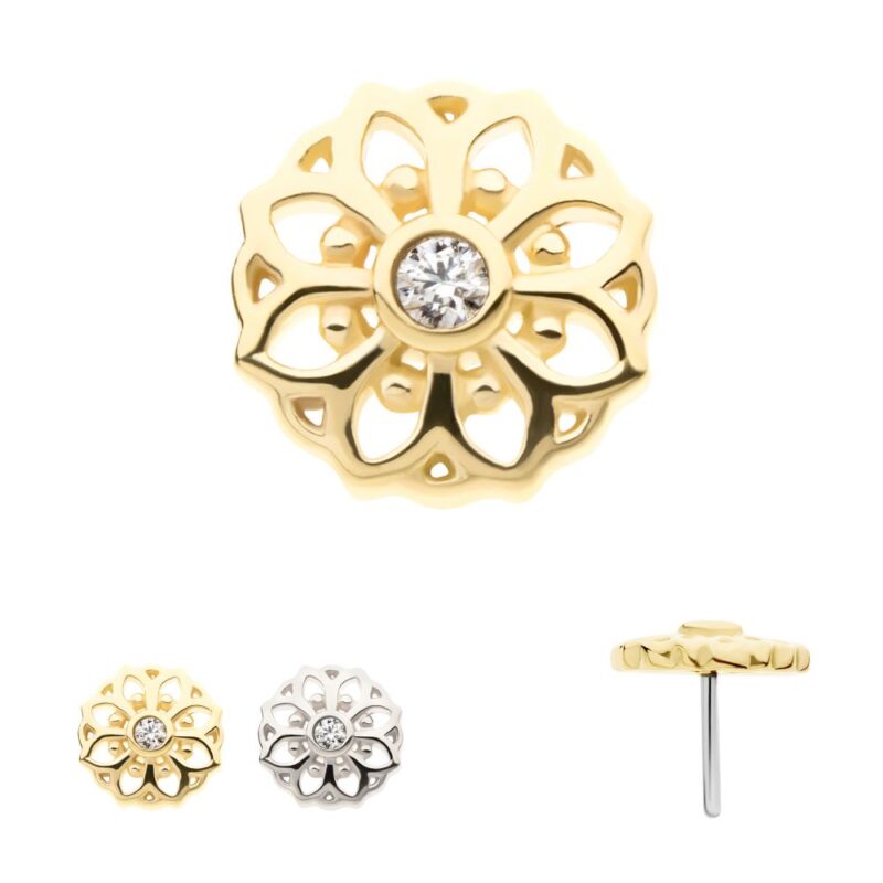 The 14K Mandala Flower stud earrings come in gold and silver, featuring a lotus-inspired design with a clear gemstone center. Shown from the top to highlight the floral motif, both metal options are displayed side by side with visible posts.