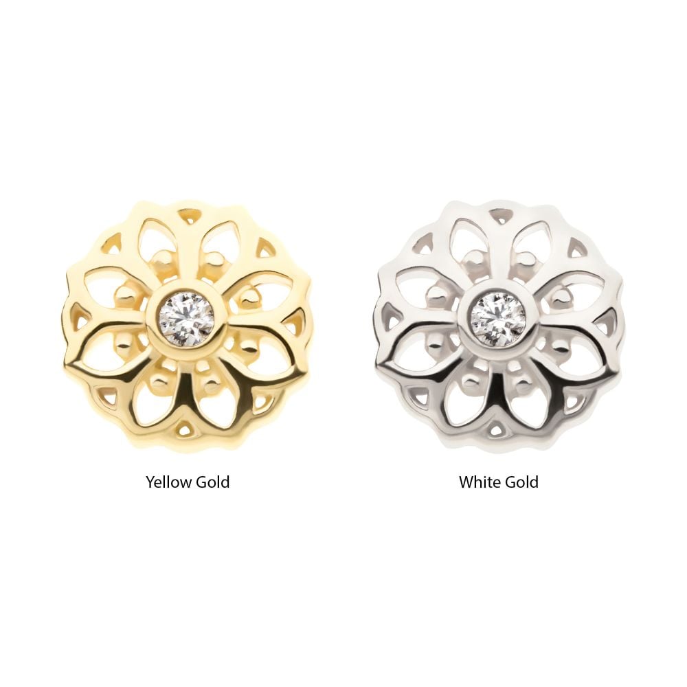 Two 14K Mandala Flower stud earrings are shown side by side: one in yellow gold and one in white gold, each with a central round diamond. Labels below read Yellow Gold and White Gold. Two 14K Mandala Flower stud earrings are shown side by side: one in yellow gold and one in white gold, each with a central round diamond. Labels below read Yellow Gold and White Gold.