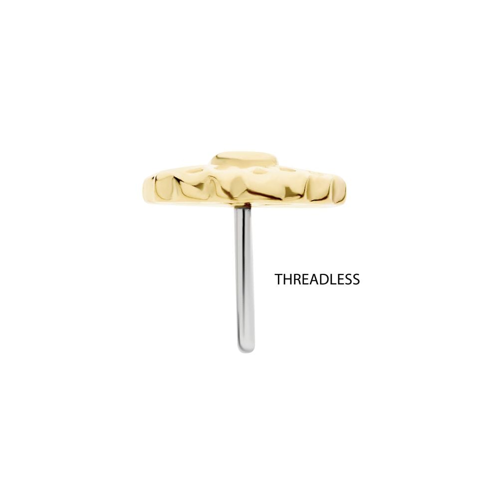 A 14K Mandala Flower small gold jewelry end with a textured, hammered surface and a straight silver THREADLESS post, shown on a white background. A 14K Mandala Flower small gold jewelry end with a textured, hammered surface and a straight silver THREADLESS post, shown on a white background.