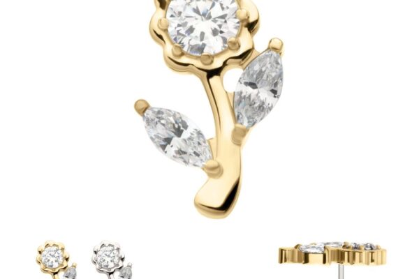 The 14K Rose Flower stud earring features a gold flower design with a round clear gemstone center and two leaf-shaped gems on the stem; shown in close-up, side, and pair views on a white background.