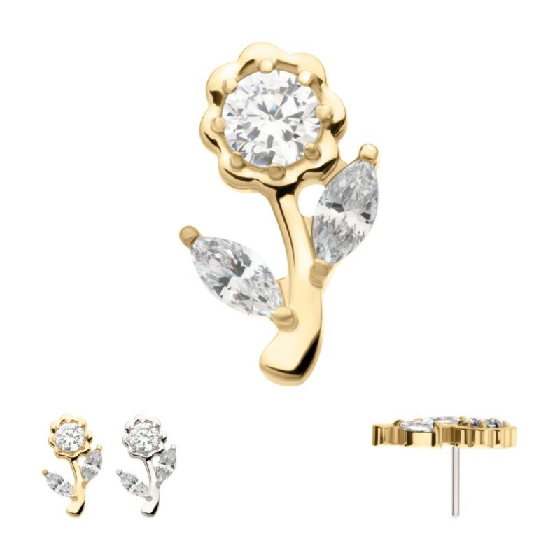 The 14K Rose Flower stud earring features a gold flower design with a round clear gemstone center and two leaf-shaped gems on the stem; shown in close-up, side, and pair views on a white background.