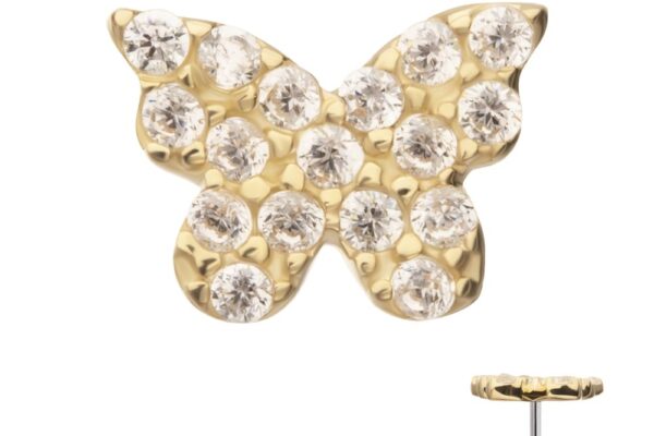 A gold butterfly-shaped stud earring adorned with multiple round, sparkling gemstones, shown from the front and side.