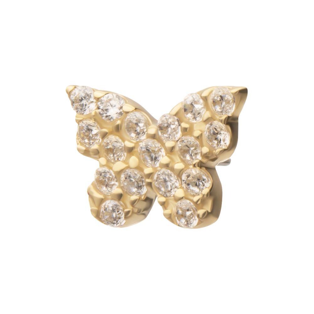 A gold butterfly-shaped stud earring encrusted with small, round, sparkling diamonds on a white background. A gold butterfly-shaped stud earring encrusted with small, round, sparkling diamonds on a white background.