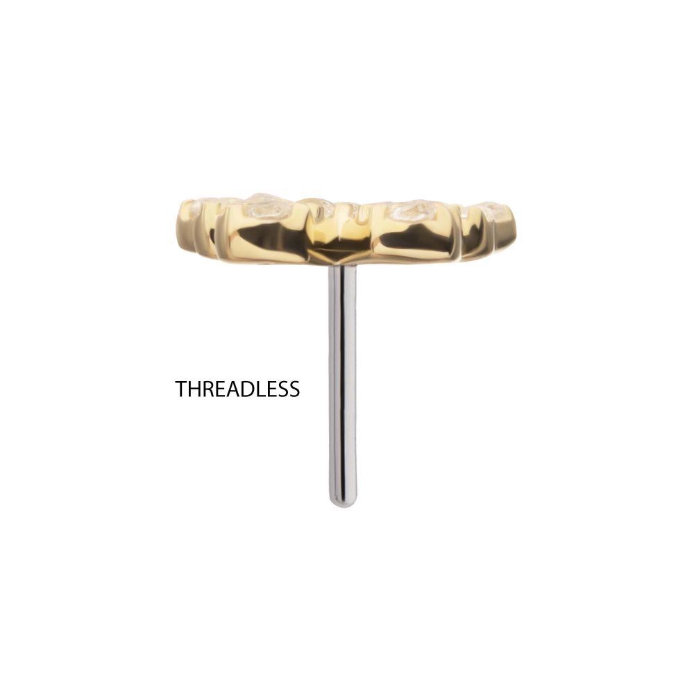 Gold decorative bar with three small clear stones, attached to a straight metal post. The word THREADLESS is written next to the post, indicating the earrings attachment style. Gold decorative bar with three small clear stones, attached to a straight metal post. The word THREADLESS is written next to the post, indicating the earrings attachment style.