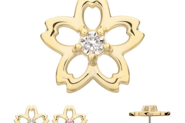 The 14K Cherry Blossom is a gold flower-shaped stud earring shown from front, back, and side views. One variant features a pink center stone, while another has a clear center stone.