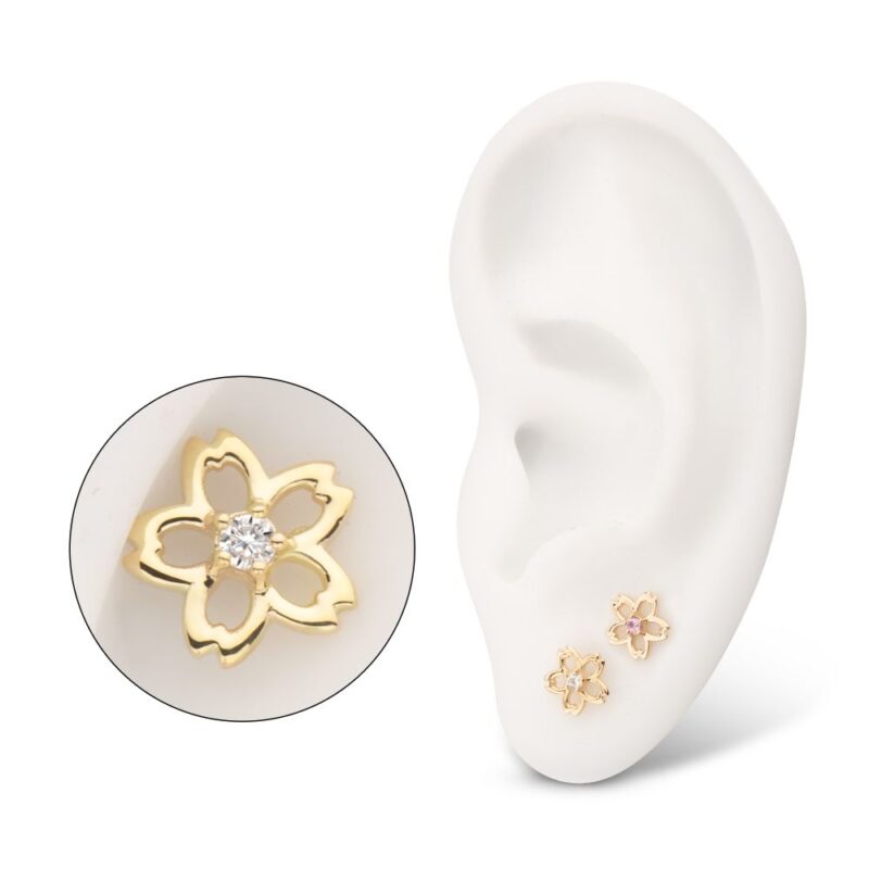 A pair of 14K Cherry Blossom earrings are displayed: one earring shown close-up in a circle, and the other two featured on a white ear model.