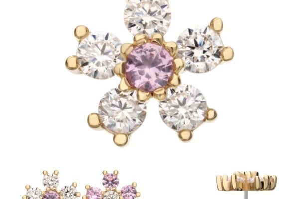 The 14K 5-Petal Cherry Blossom earring features a gold flower with a central pink gem and six clear gems. Variations show more pink or clear gems, plus a side view displaying the post.