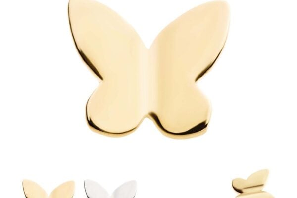 The 14K Butterfly 3D earrings are pictured from the front, back, and side, showcasing their smooth, polished gold and silver surfaces and timeless, elegant butterfly design.