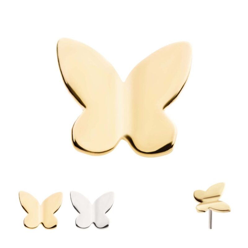 The 14K Butterfly 3D earrings are pictured from the front, back, and side, showcasing their smooth, polished gold and silver surfaces and timeless, elegant butterfly design.