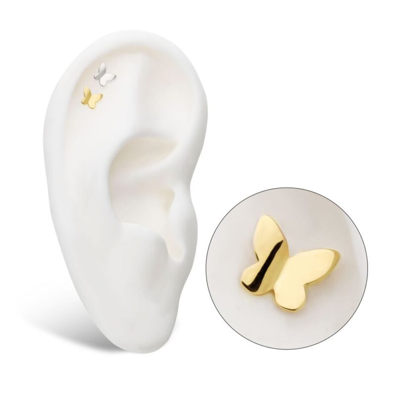 The 14K Butterfly 3D gold stud earring is shown on a white ear model with a small silver butterfly stud above it. A circular inset shows an enlarged detail of the 14K Butterfly 3D earring.