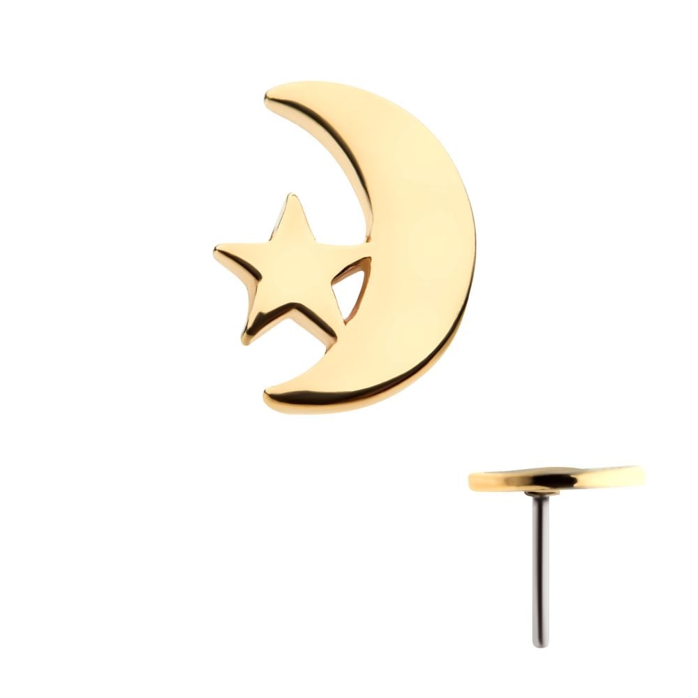 A 14K Star & Crescent Moon gold earring, featuring a crescent moon with a star inside, displayed from the front and side on a white background.