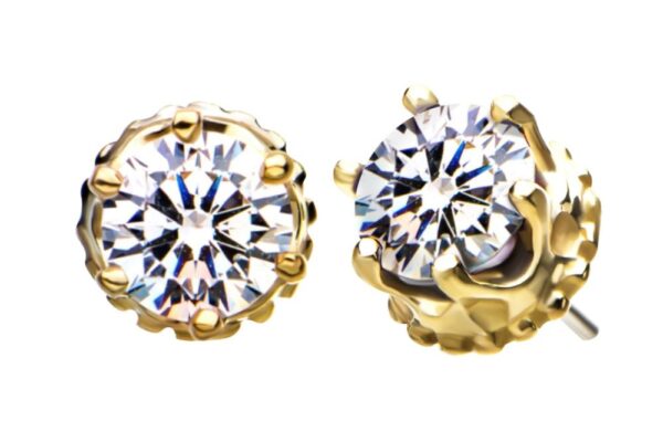 A pair of 14K Royal Crown gold stud earrings featuring round, faceted clear gemstones in claw settings, displayed against a white background.