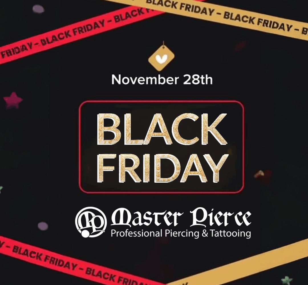 Black Friday sale on November 28th by Master Pierce Professional Piercing & Tattooing. Bring a $25 donation to Give and Get Back—help us support the community! Red and yellow Black Friday banners shine on a sleek black background.