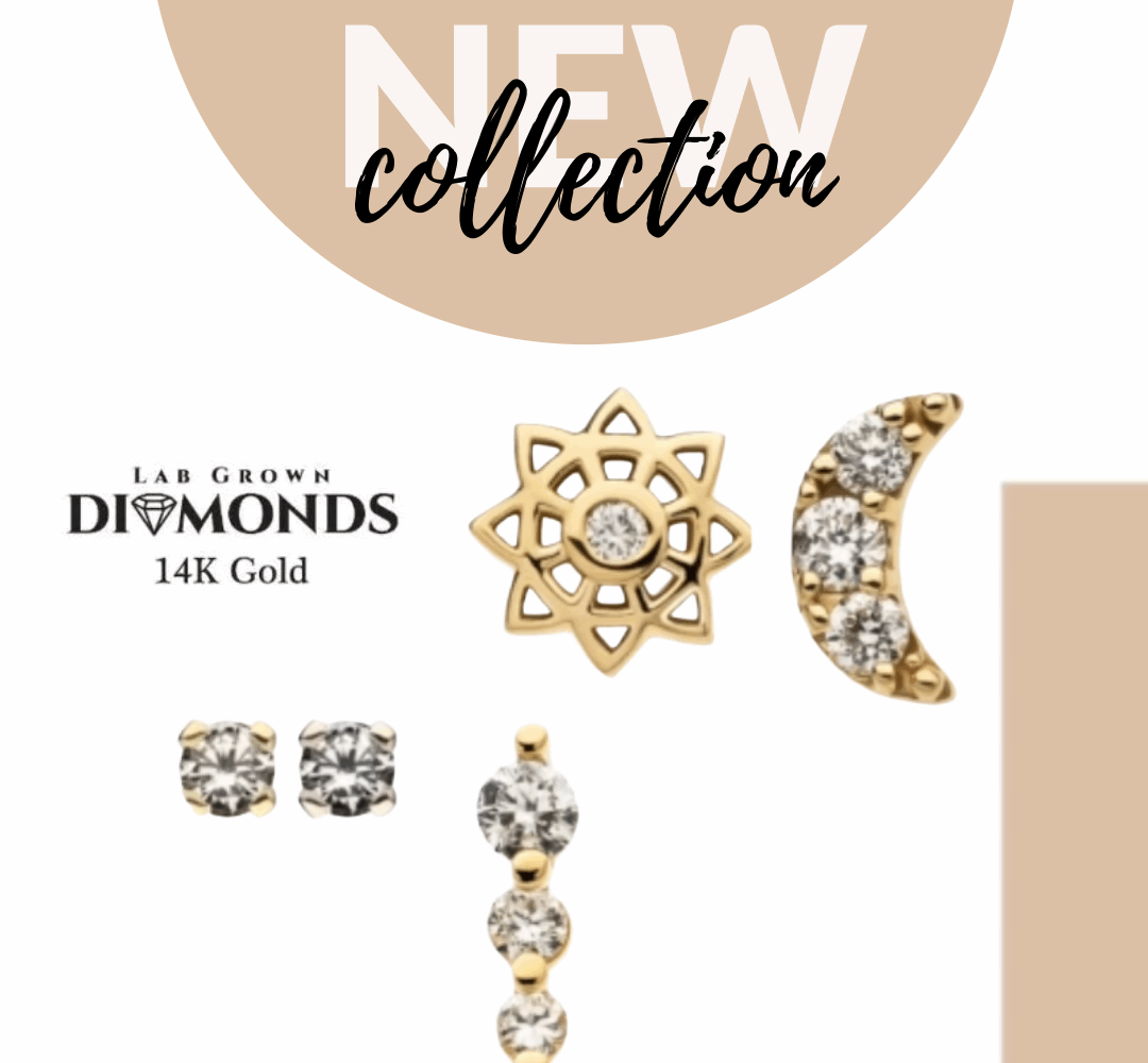 Gold and diamond earrings displayed on a white background. Designs include star, crescent moon, three-stone drop, and stud. Text reads: NEW collection and Lab Grown Diamonds 14K Gold—October Breast Cancer Awareness Month Special.