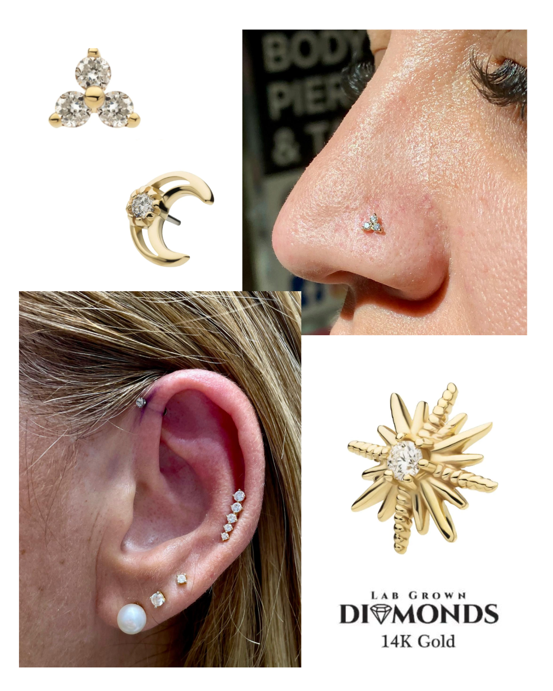 Collage featuring lab grown diamonds in gold earrings and a nose stud on a woman’s nose. Another woman’s ear showcases multiple gold diamond studs. Text reads “Lab Grown Diamonds 14K Gold.”.
