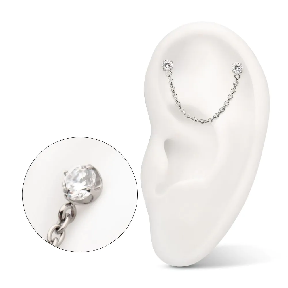 Double Prong Set Gem Top with Rolo Chain Dangle Double Prong Set Gem Top with Rolo Chain Dangle