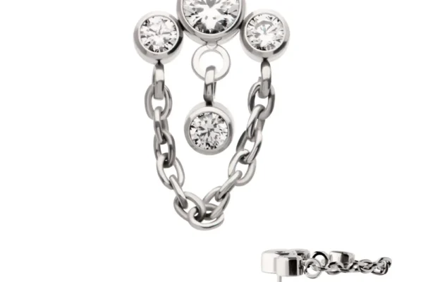 3-Cluster Bezel Round CZ Top with Chain & Gem Dangles
