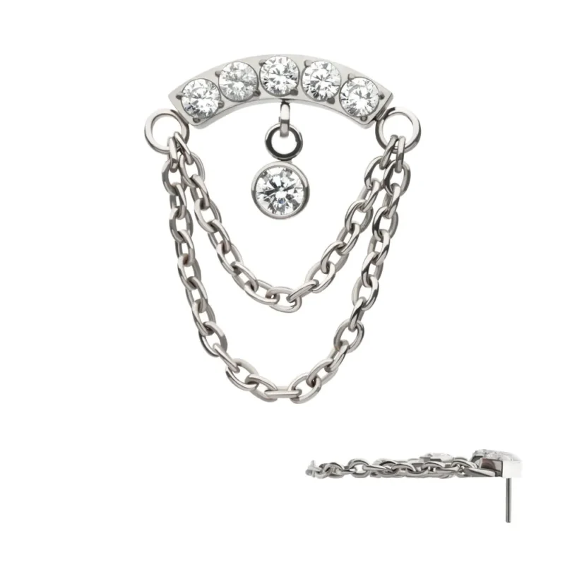 Curved Bar with 2-Tier Chain & Bezel Round CZ Dangle