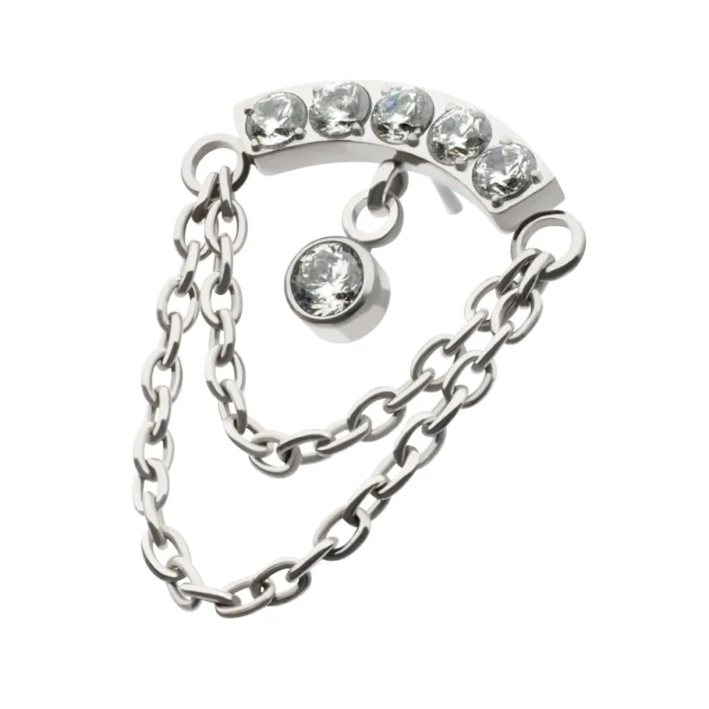 Curved Bar with 2-Tier Chain & Bezel Round CZ Dangle