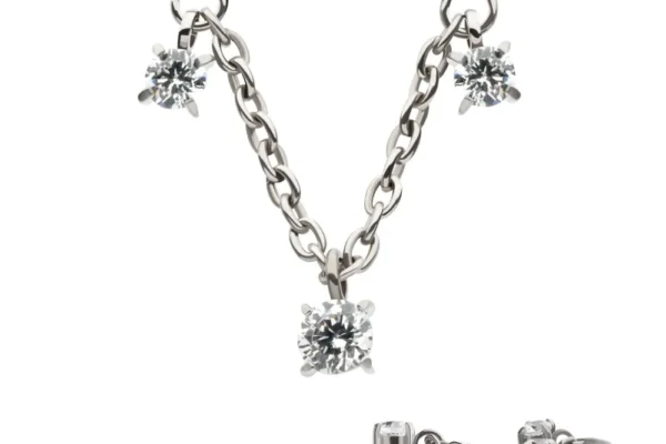 Curved Bar with Chain Dangle & Pronged Trio Round CZ
