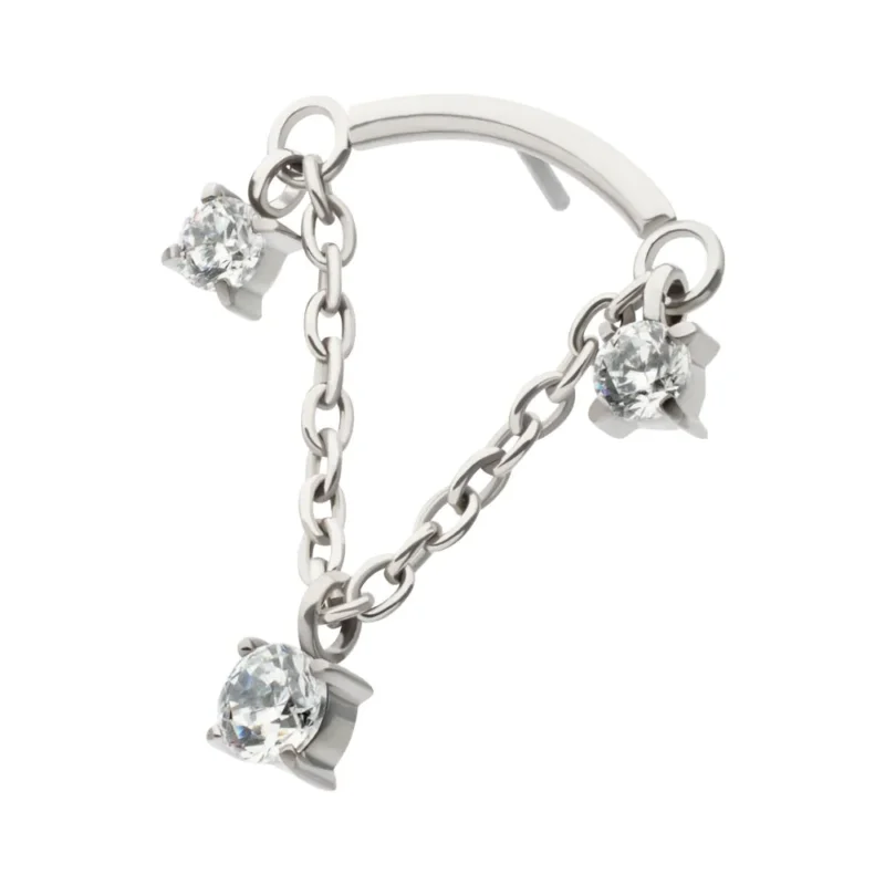 Curved Bar with Chain Dangle & Pronged Trio Round CZ