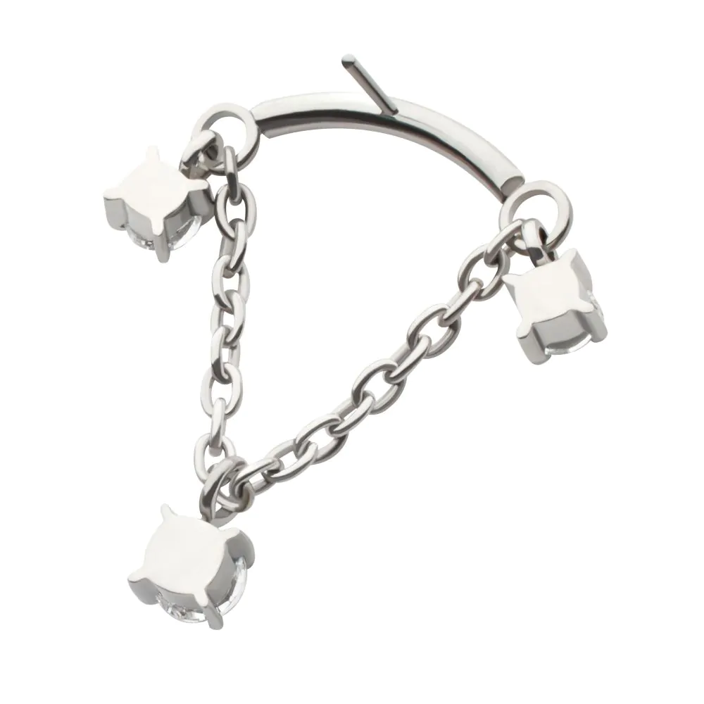 Curved Bar with Chain Dangle & Pronged Trio Round CZ Curved Bar with Chain Dangle & Pronged Trio Round CZ