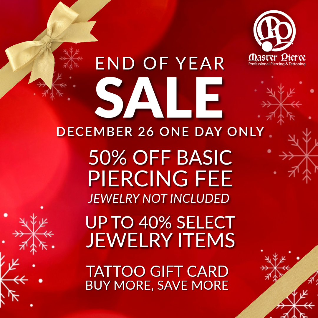 Red festive graphic with gold bow, white snowflakes, and Master Pierce logo. Give and Get Back: Bring a $25 Donation to help us support the community during our End of Year Sale—enjoy 50% off basic piercing fee and up to 40% off jewelry!.