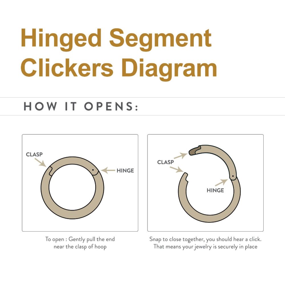 Diagram showing how the 14K Princess Side Clicker opens and closes: Left image—arrow points to clasp, instructs to gently pull open. Right image—arrows indicate snapping closed until it clicks for a secure fit. Diagram showing how the 14K Princess Side Clicker opens and closes: Left image—arrow points to clasp, instructs to gently pull open. Right image—arrows indicate snapping closed until it clicks for a secure fit.