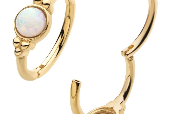 Two views of the 14K Full Moon Side Clicker gold hinged ring, featuring a round opal gemstone in a bezel setting, accented with small decorative gold beads on the band.