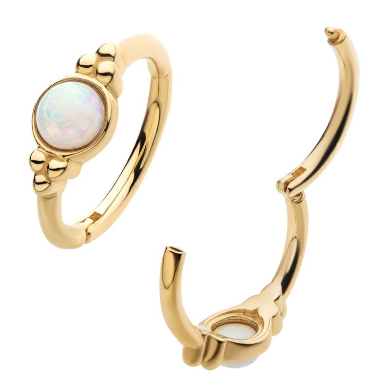Two views of the 14K Full Moon Side Clicker gold hinged ring, featuring a round opal gemstone in a bezel setting, accented with small decorative gold beads on the band.