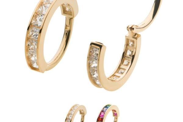 The 14K Princess Side Clicker features gold hoop earrings—two with clear stones, one with multicolored gems—shown both open and closed against a white background.