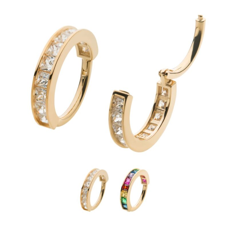 The 14K Princess Side Clicker features gold hoop earrings—two with clear stones, one with multicolored gems—shown both open and closed against a white background.