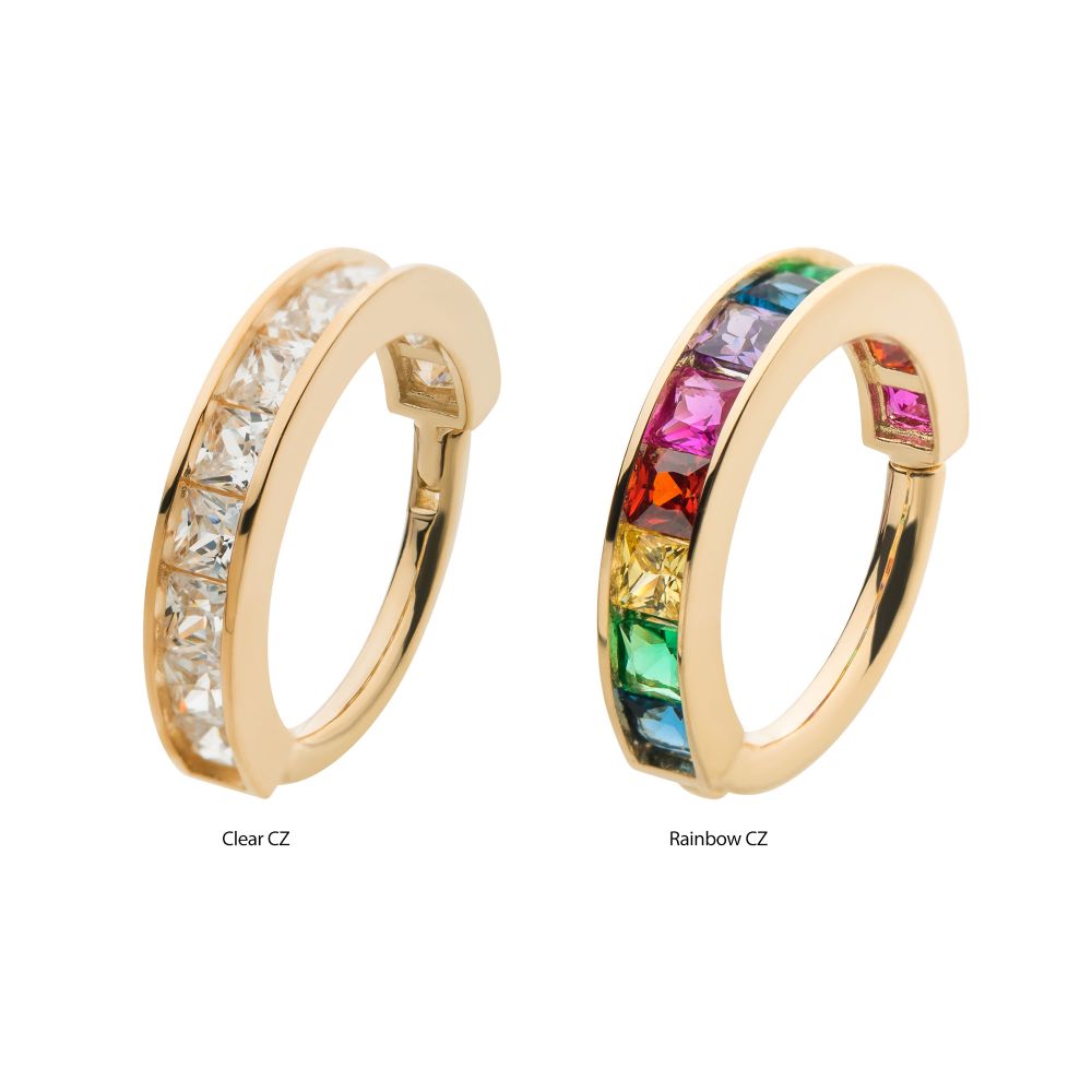 Two 14K Princess Side Clicker hoop earrings are shown: one with clear cubic zirconia stones, the other with square-cut rainbow cubic zirconia. Both are labeled below: “Clear CZ” and “Rainbow CZ. Two 14K Princess Side Clicker hoop earrings are shown: one with clear cubic zirconia stones, the other with square-cut rainbow cubic zirconia. Both are labeled below: “Clear CZ” and “Rainbow CZ.