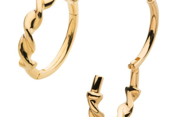 The 14K Twisted Side Clicker features small, shiny gold hoops with a twisted, wavy design. One earring is closed in a full circle, while the other shows the clasp open for easy wear.