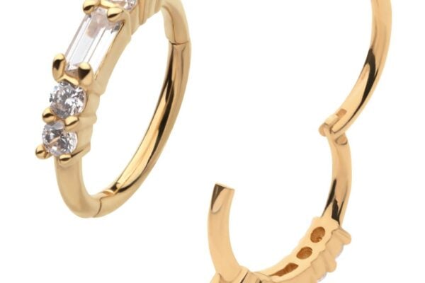 The 14K Elegance Baguette earrings feature three gemstones—one rectangular and two round—set in a row on each gold hoop. Shown from multiple angles against a white background.