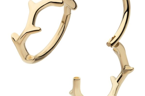 The 14K Thorn Clicker earrings feature a polished, shiny finish and a design inspired by branching coral or twigs. Shown from two angles on a white background.