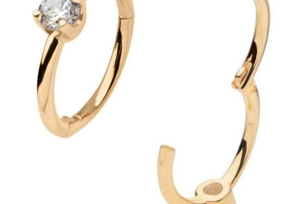 A 14K Proposal Clicker gold ring with a single round diamond is displayed next to a matching gold earring with a similar diamond setting, both set against a white background.